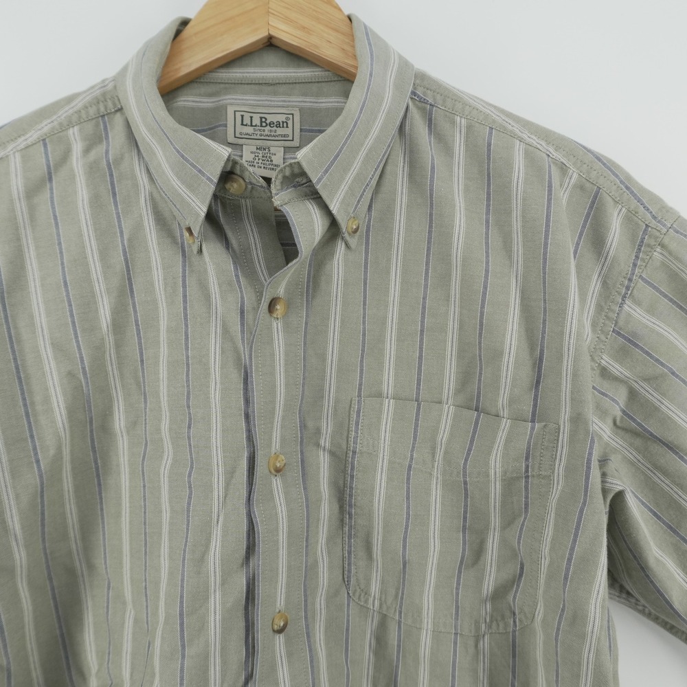 LL Bean Button Down Shirt Mens M Green Striped Short Sleeve Cotton